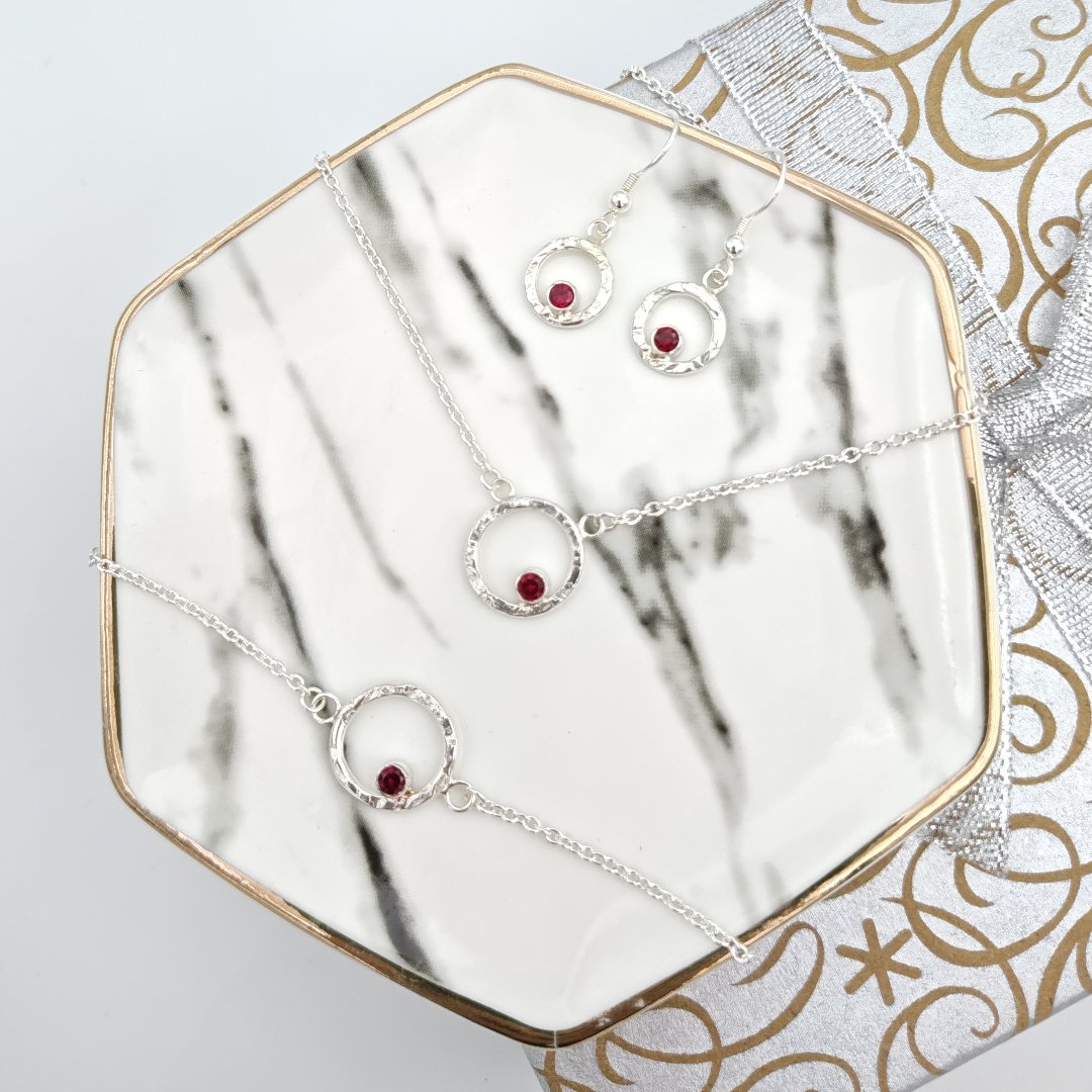 Sterling silver hammered halo and garnet complete set with necklace, earrings and bracelet with gift box